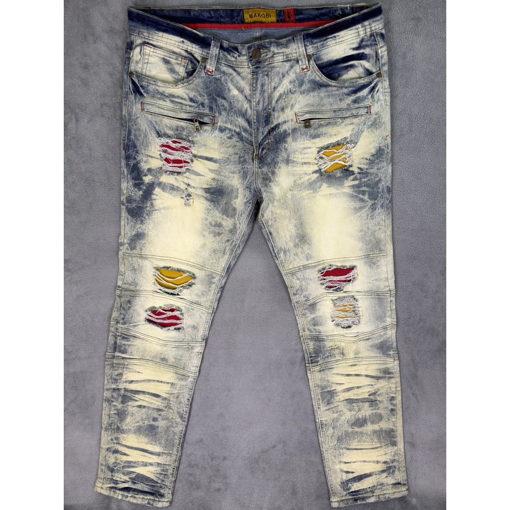 Makobi Jeans Mens 40x32 Blue Light Acid Wash Tapered Leg Distressed Grunge